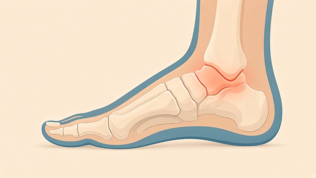 Illustration of the bones of the foot and ankle from the side with the ankle joint highlighted