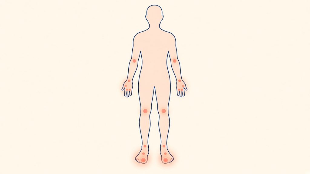 Illustration of a standing figure with highlighted dots at the big toes, feet, ankles, knees, wrists, hands and elbows
