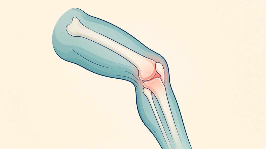Illustration of the bones of a bent knee from the side with the knee joint highlighted