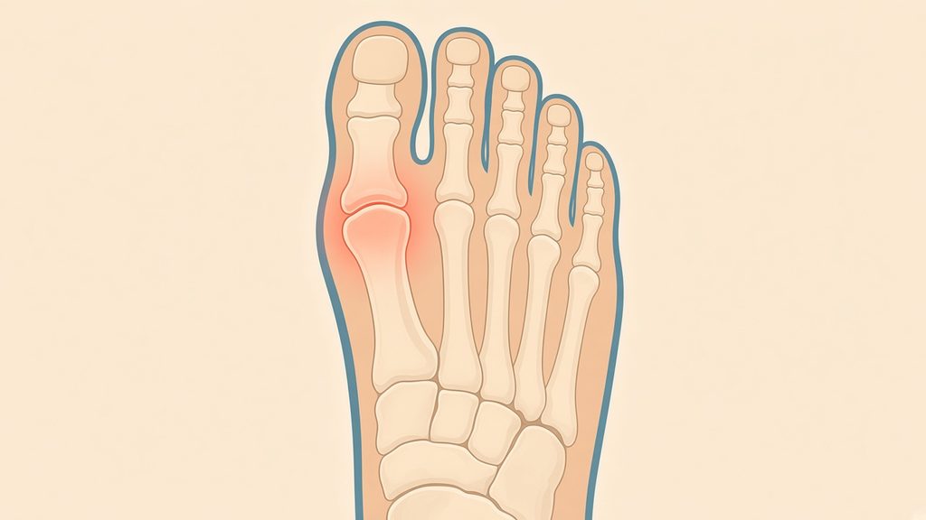 Illustration of the bones of the foot from above with the big toe joint highlighted