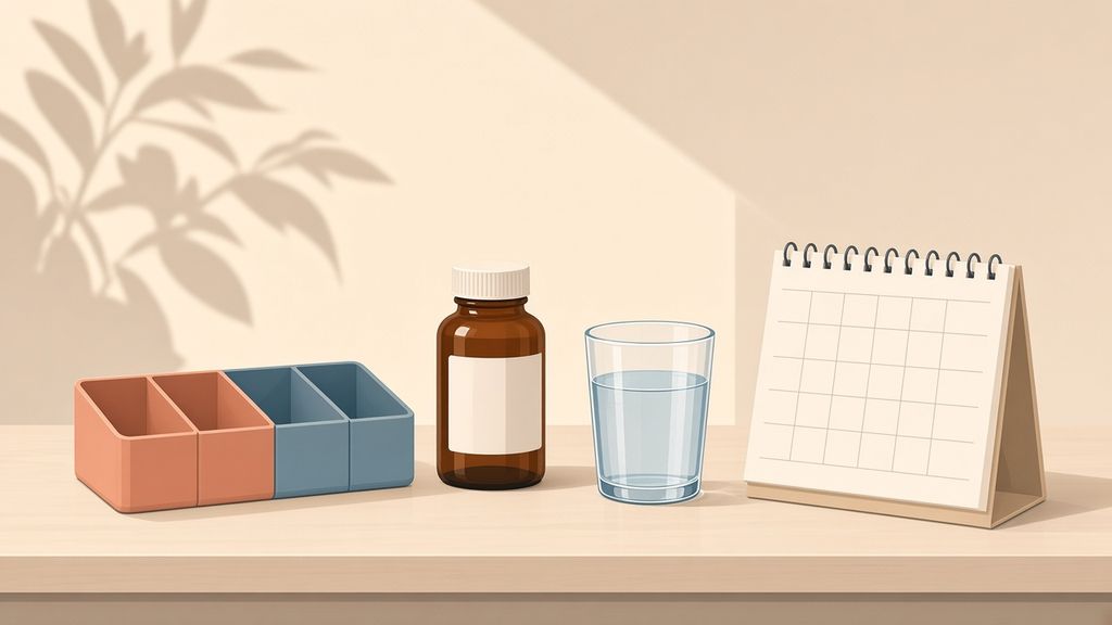 Illustration of an unlabeled weekly pill organizer, a pill bottle, a glass of water, and a calendar