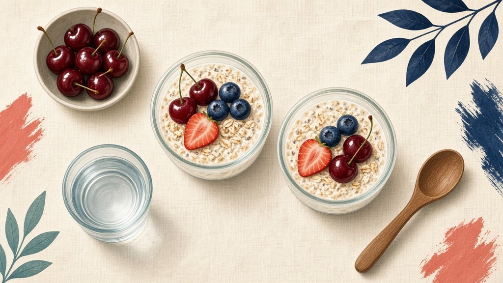 Top-down illustration of two jars of overnight oats topped with cherries, blueberries, and strawberries, with a glass of water